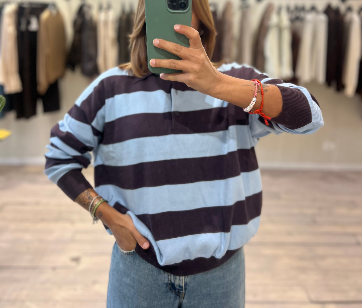 Polo riga marrone e celeste
