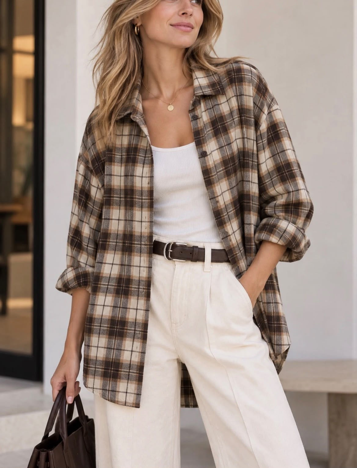Camicia quadri marrone e panna