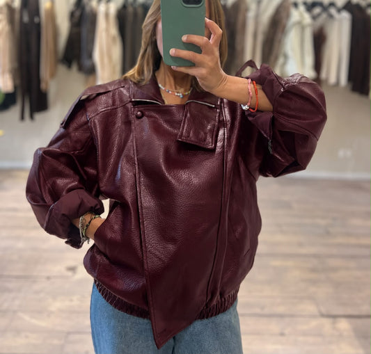 Bomber collo alto burgundy effetto martellato