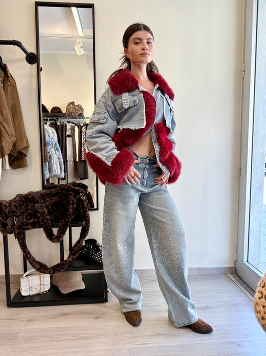 Giubbotto denim con inserti ecopelliccia