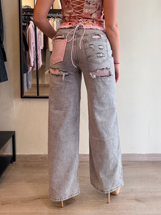 Jeans tasca glietter rosa