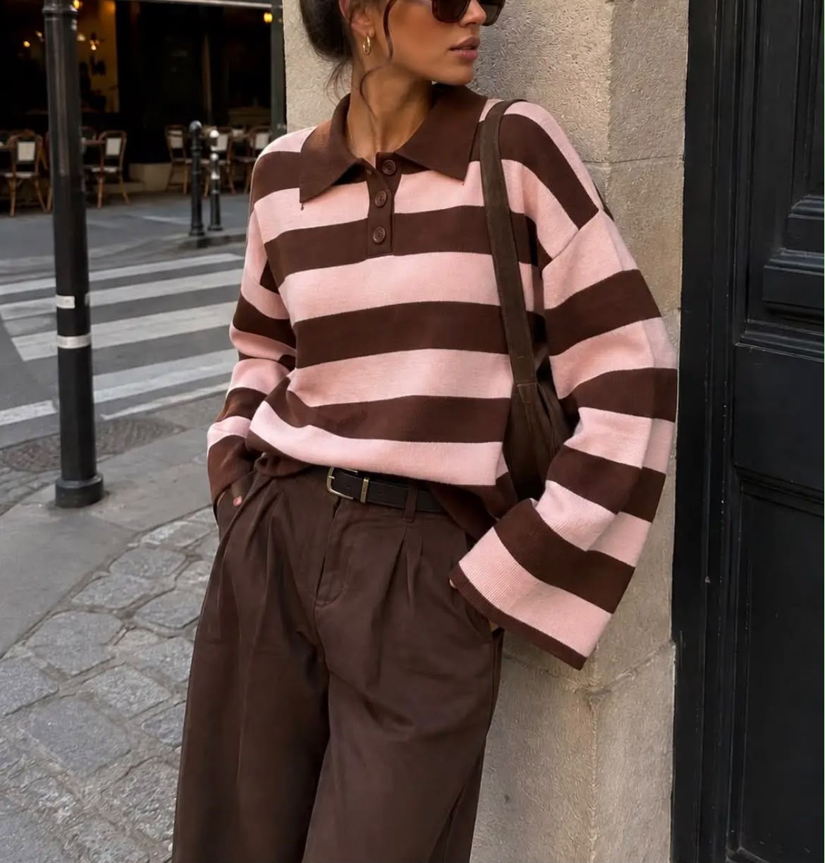 Maglia polo marrone e rosa