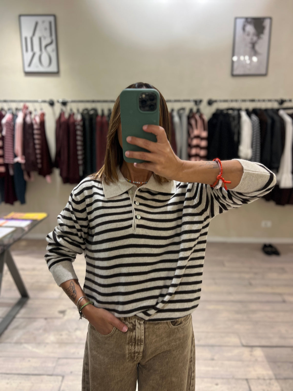 Maglia polo beige e blu cachemere