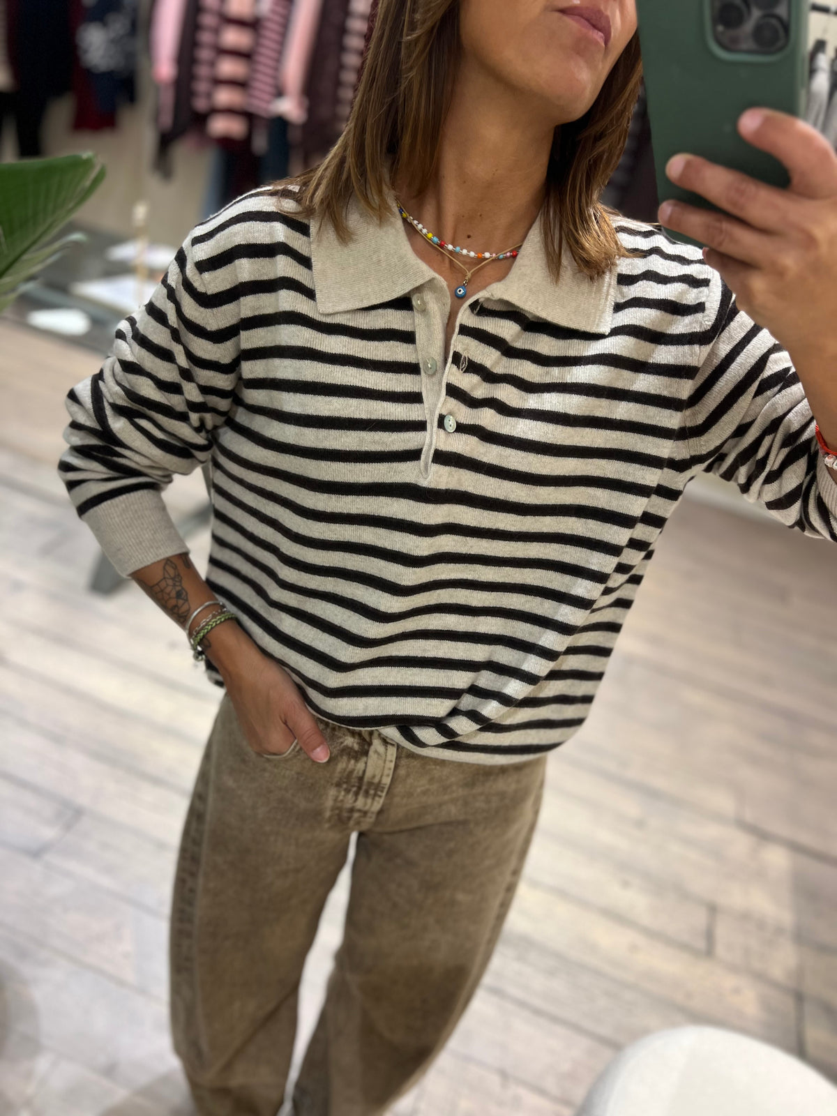 Maglia polo beige e blu cachemere