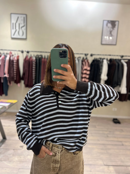 Maglia polo cachemere righe marrone e celeste