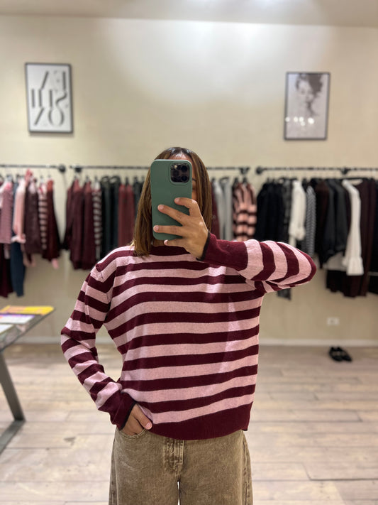 Maglia girocollo cachemere rosa e bordeaux
