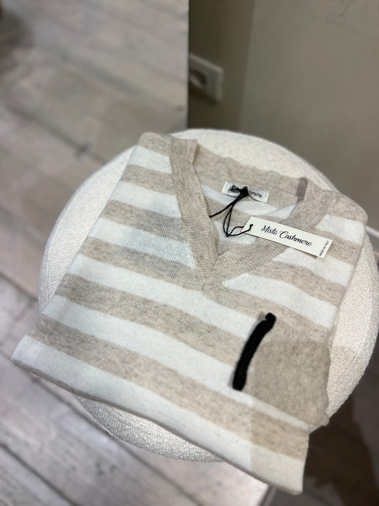 Maglia scollo V beige e panna cachemere