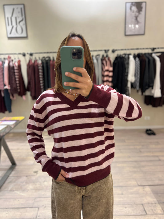 Maglia scollo V rosa e burgundy cachemere